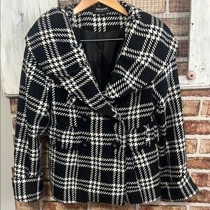 CoffeeShop Women's Black and White Plaid Pea Coat